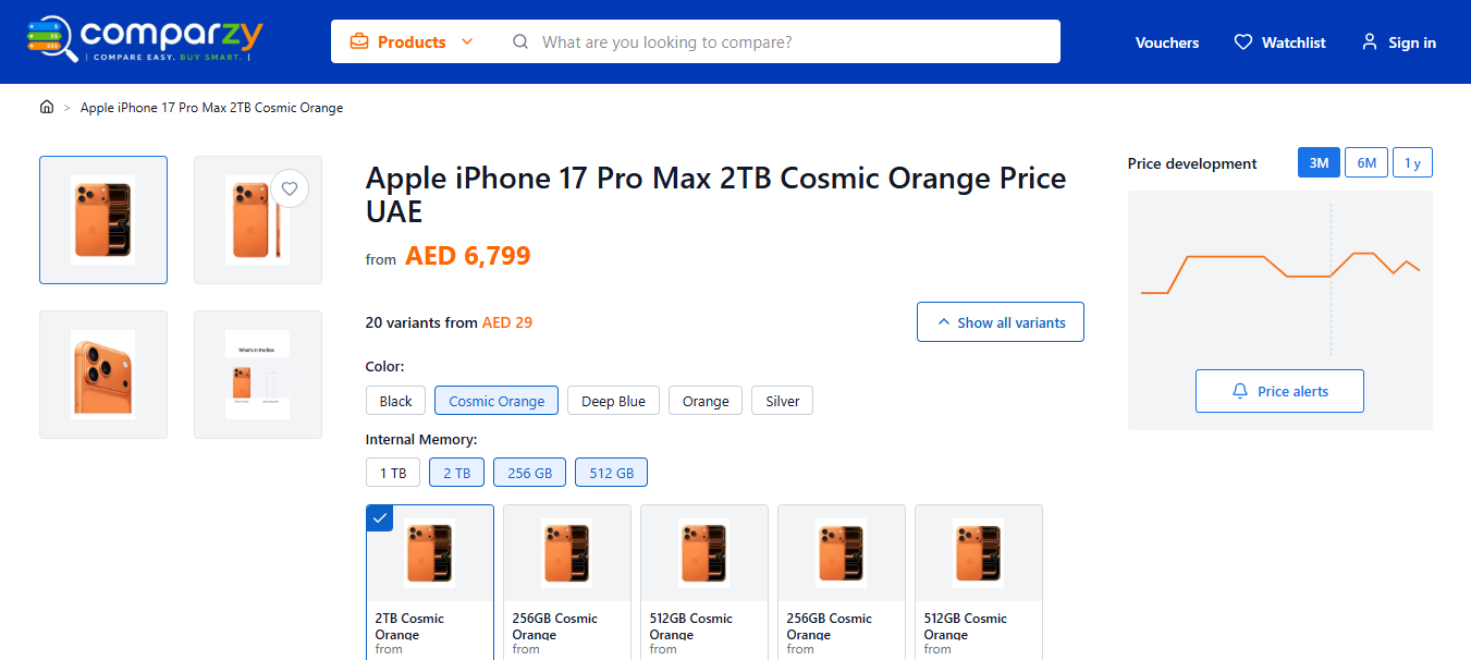 Comparzy product detail and retailer offers interface