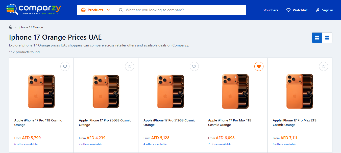 Comparzy product search results interface